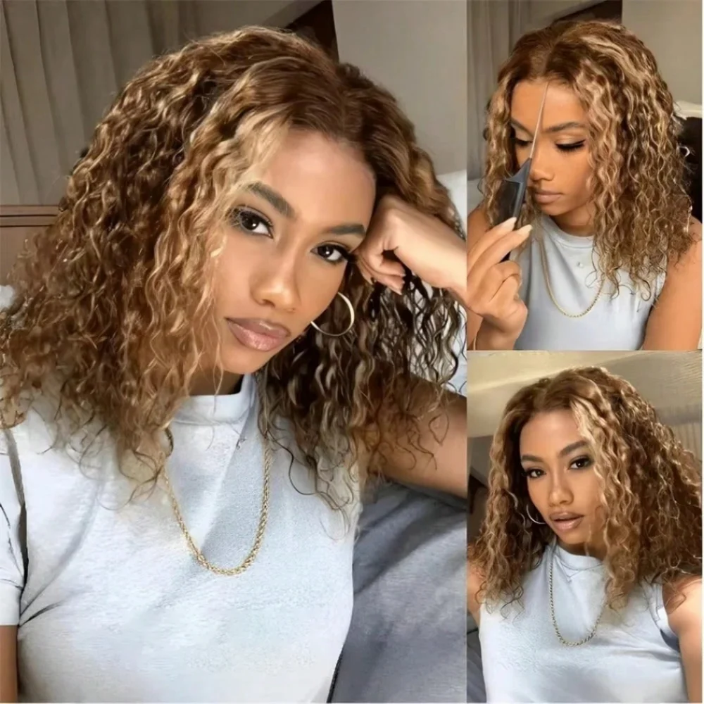 Short Bob Deep Wave Highlight Ombre Glueless Wig Human Hair Curly Short Honey Blonde Colored 5X5 Hd Lace Closure Frontal Wigs 16 Inch For Women