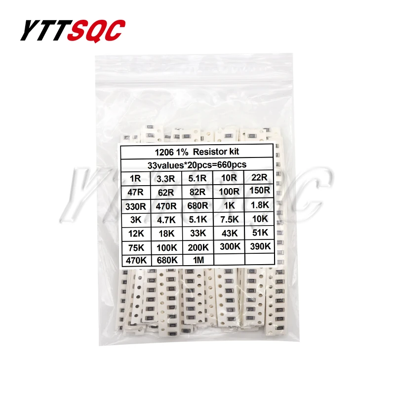 Jogo sortido da amostra do resistor de SMD, 1206, 0805, 0603, 0402, 0201, 1ohm-1m, ohm, 1%, 33 valores, 20 PCes = 660 PCes