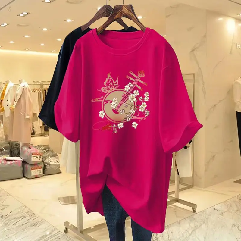 

Summer Pure Cotton Basics T-shirt Chic Chinese Style Printed Short Sleeve Pullovers Daily Casual Loose Tops