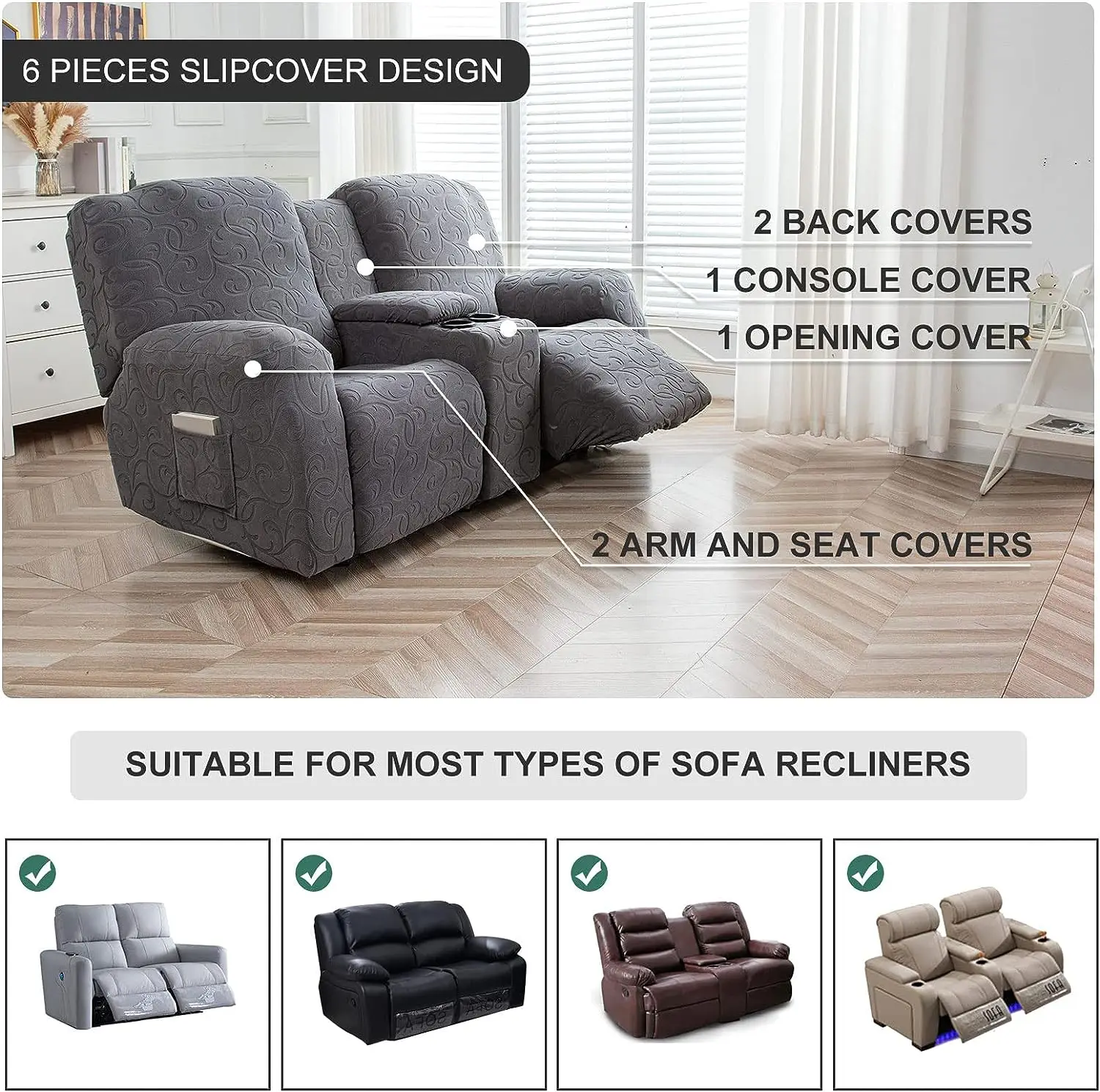 Loveseat Recliner Cover with Center Console, Stretch Sofa Covers, Thick, Soft Washable ReclinerSofa Loveseat