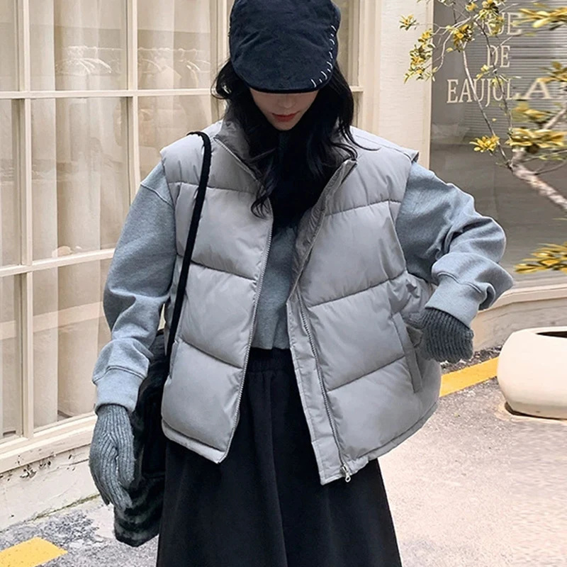 

Korean Zipper Up Cotton Vest Women Stand Collar Sleeveless Warm Vest Woman autumn winter thicken pockets waistcoat jacket mujer