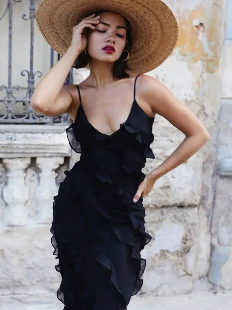 2025, Sommermode, neue elegante Damen, sexy Chiffon, Urlaubsstil, Sling-Kleid mit Rüschenrand-Stil, langes Kleid, Kleider GZV8