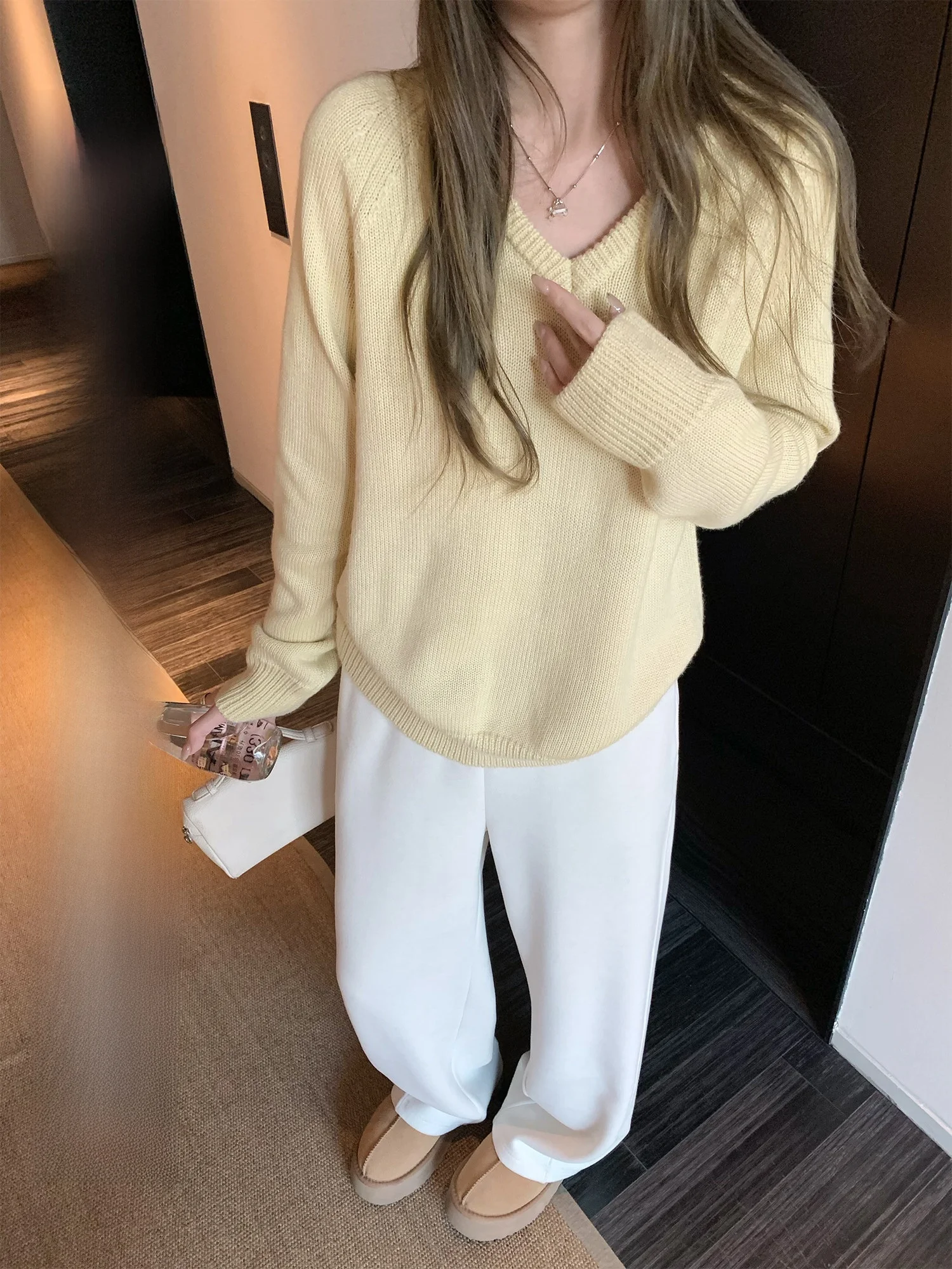

Yuzuqi Hyde Park Women's Yellow V-ne Woolen Sweater Long Sve Warm Knitted Top Autumn Winter Casual Loose Fit Color