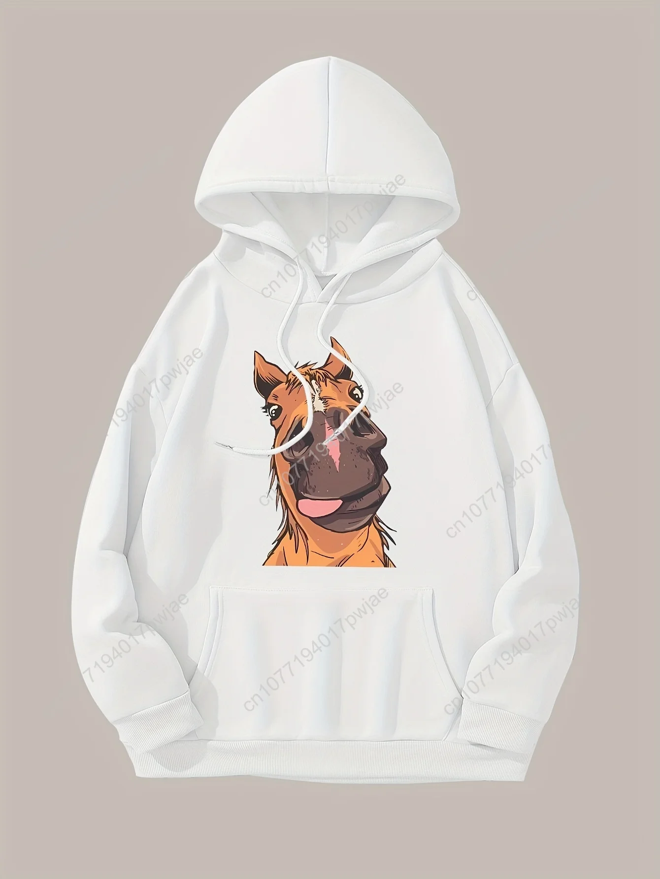 Moletom com capuz feminino com estampa de cavalo de desenho animado chique de poliéster elástico macio – pulôver casual com bolsos, perfeito para outono/inverno