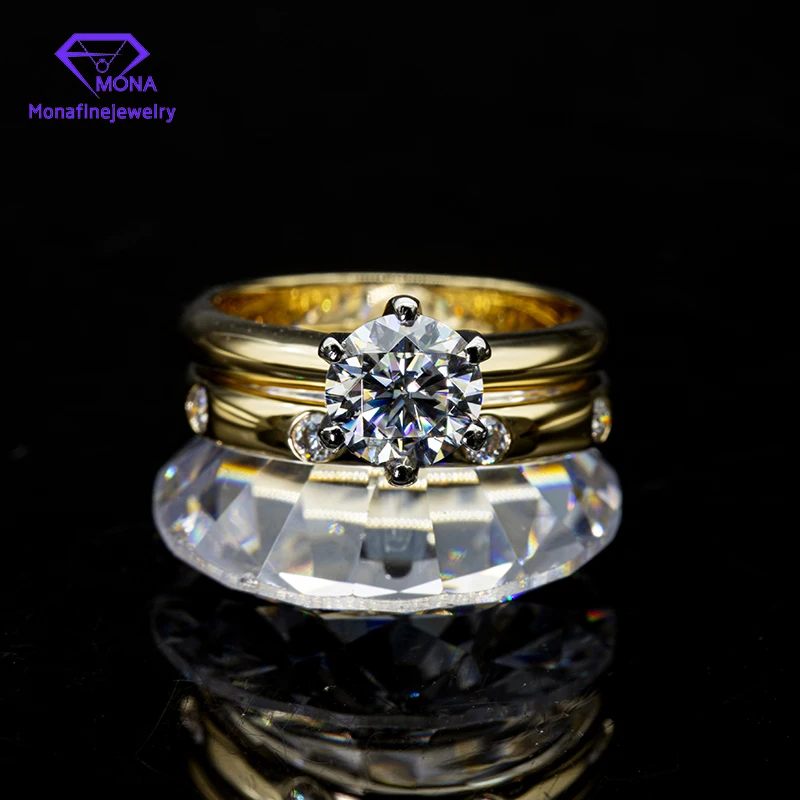 Ring Set 6.5mm Round Cut 14K Yellow Gold 6 Prongs Created Moissanite Good Shape Diamond Engagement Band