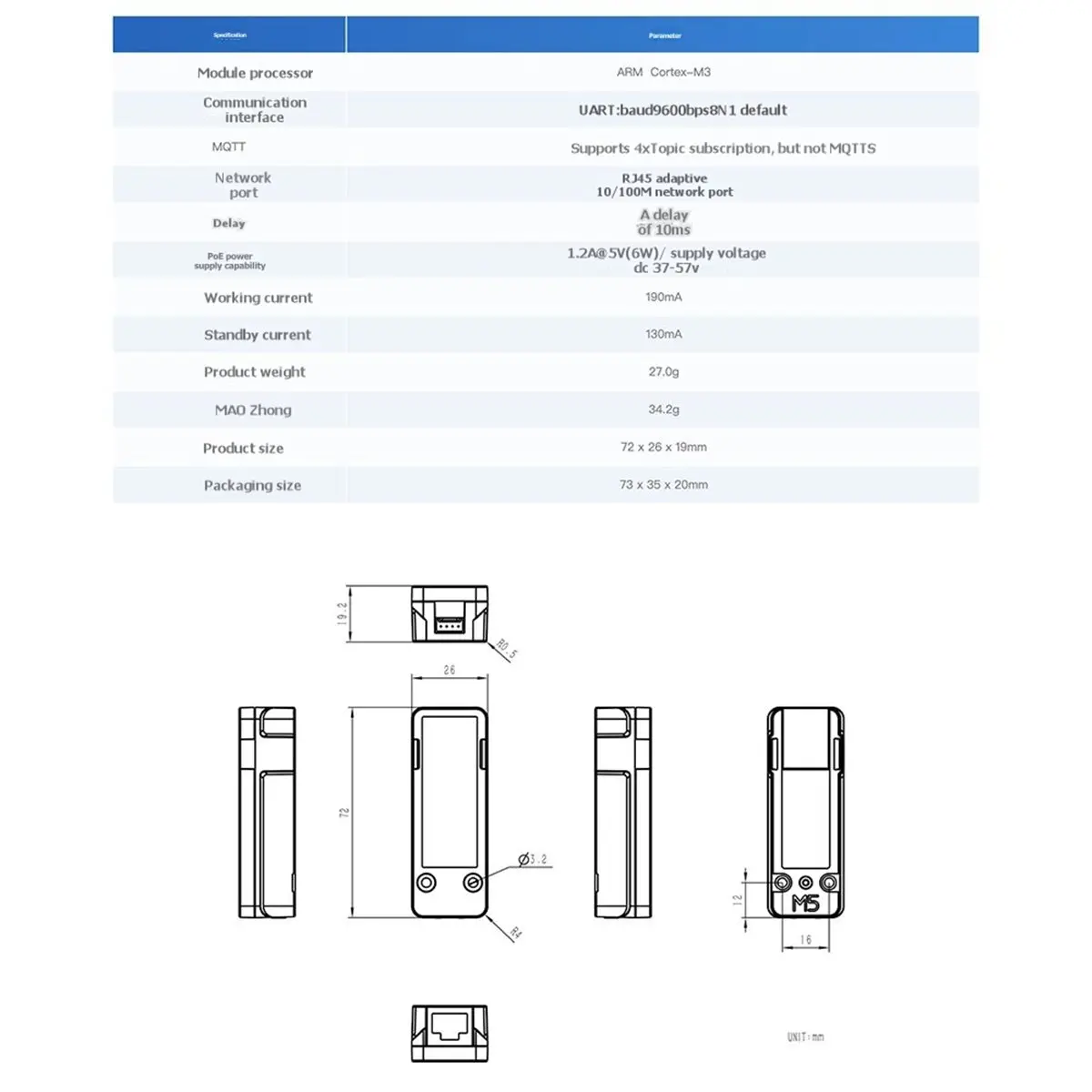 (A99Z] For MQTT Ethernet Communication Module PoE Powered with Built-in W5500 for Remote Data Acquisition