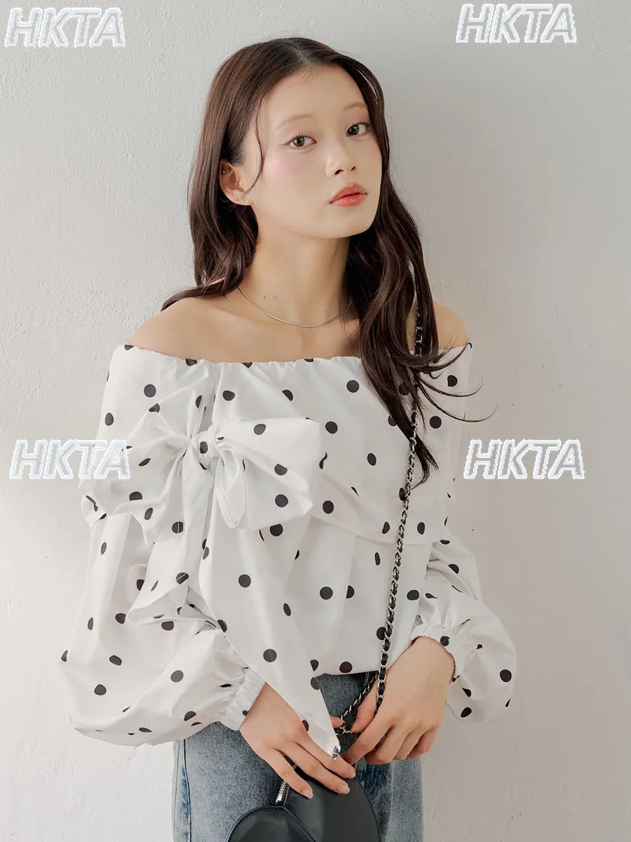 Japanese commuter temperament summer one word collar off the shoulder straps polka dot bow shirt top loose chiffon blouses women - view 5