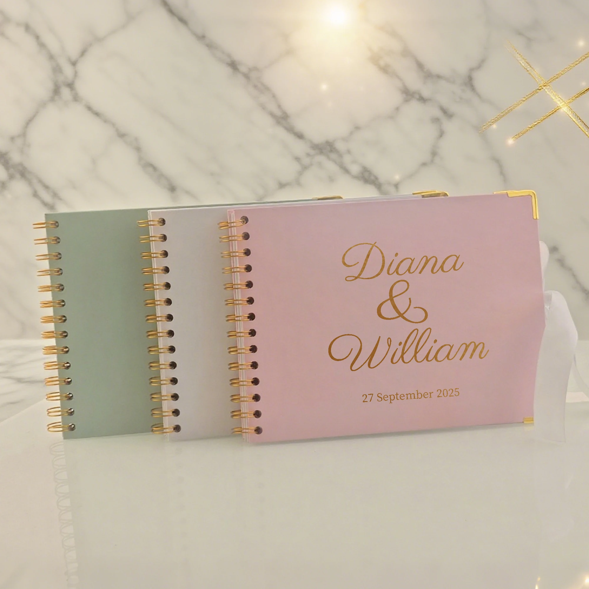 كتاب ضيوف مخصص لحفلات الزفاف باللون الأبيض/الوردي/الأخضر دفتر زوار مخصص للاستقبال مع شريط، كتاب توقيع الخطوبة المخصص #2