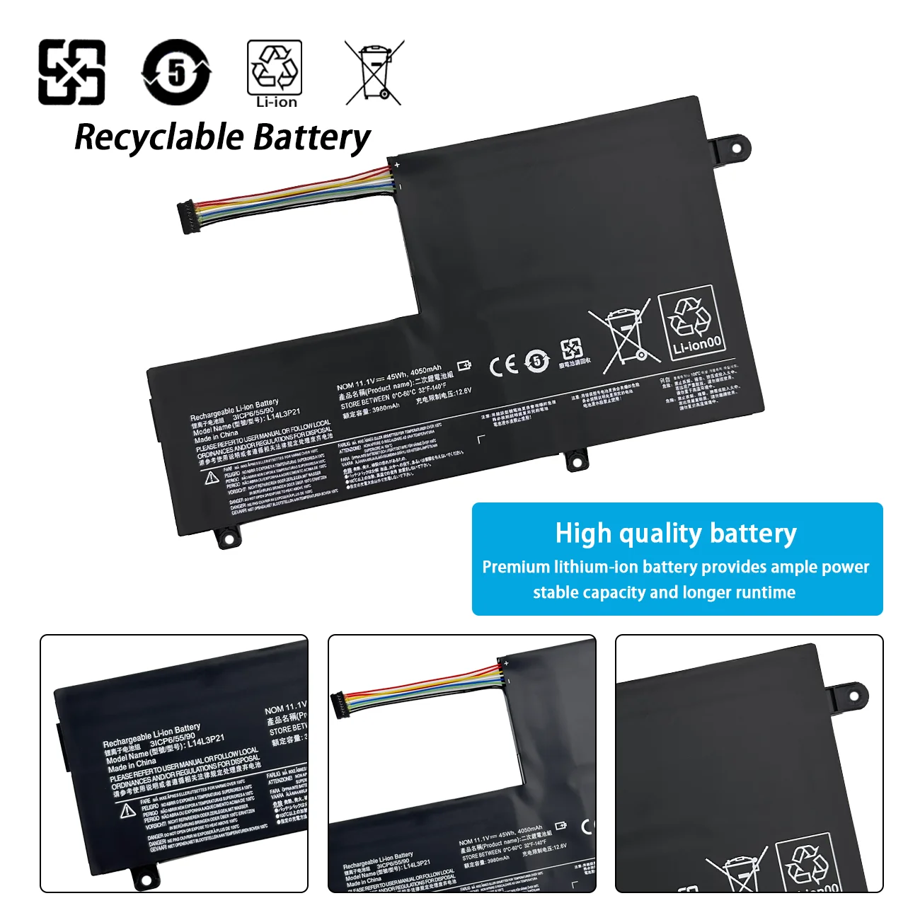 L14L3P21 L14M3P21 11.1V 45WH Laptop Battery For Lenovo Flex 3-1470 1580 5B10G78611 Edge 2-1580 Yoga 500 14ISK L14M3P21