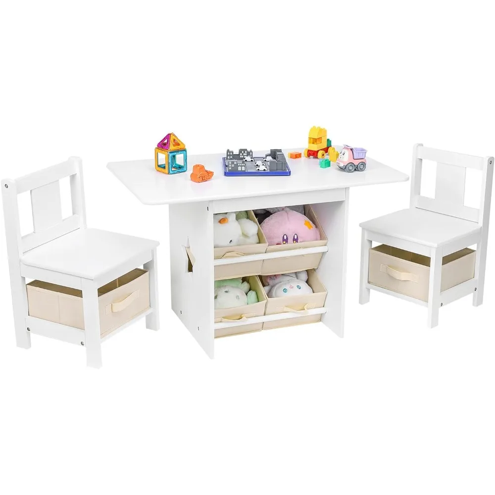 

Kids Table and Chair Set (2 Chairs Included), Wooden Toddler Table and Chairs Set with 6 Storage Bins Boxes, Children's Furnitur