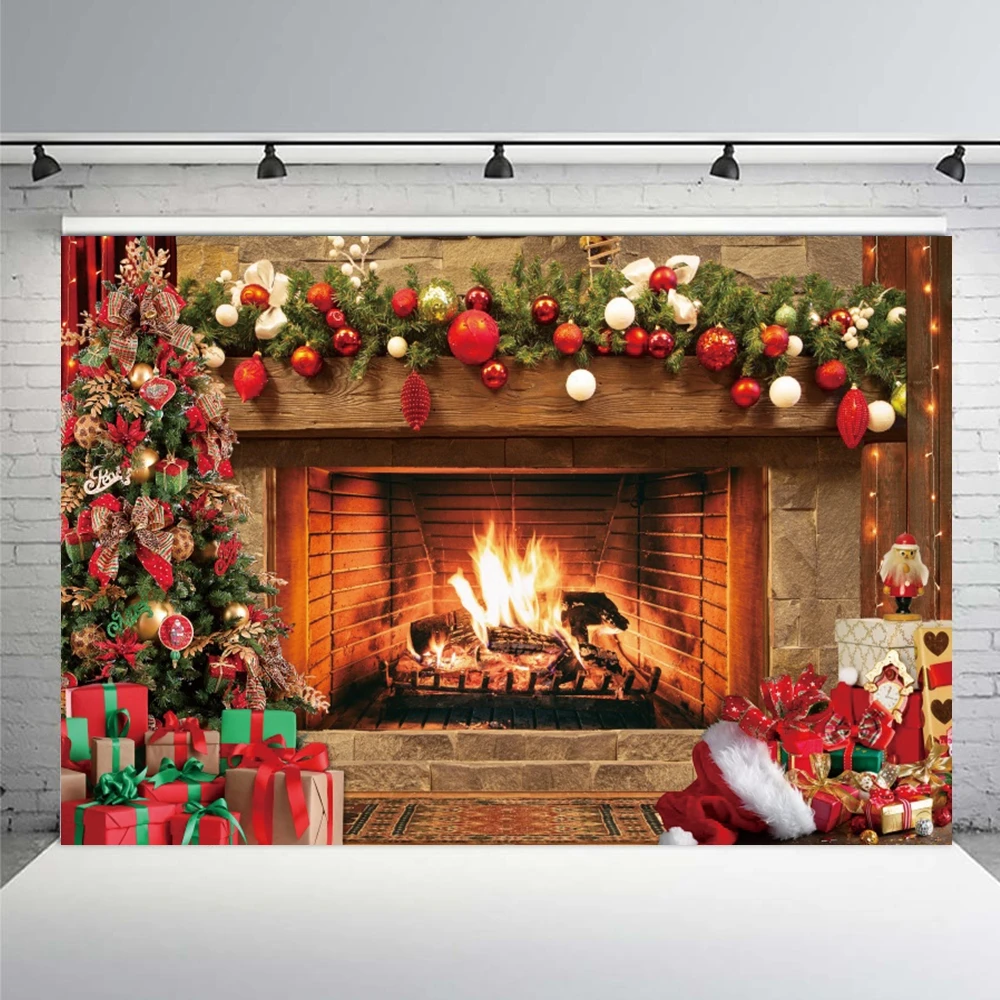 Christmas Fireplace Background Winter Xmas Tree Stocking Gift Party Decor Santa Claus Family Child Portrait Backdrop Photo Props