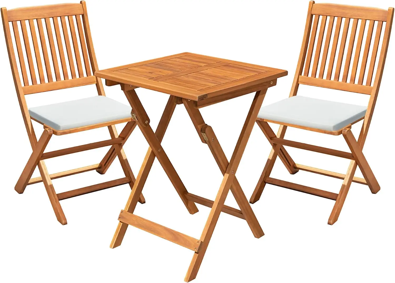 Natural solid acacia wood 3-piece folding patio bistro set with square table and two foldable chairs, stable wooden furniture for porch, lawn and small backyard balcony