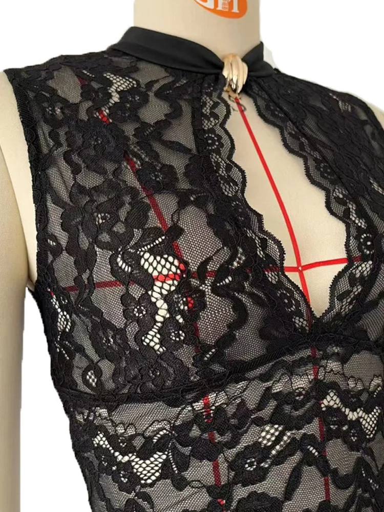 Kricesseen Sexy ​Sheer Black Floral Lace Hollow Out High Slit Maxi Dress Ladies Sleeveless V Neck Night Out Clubwear Bodycon