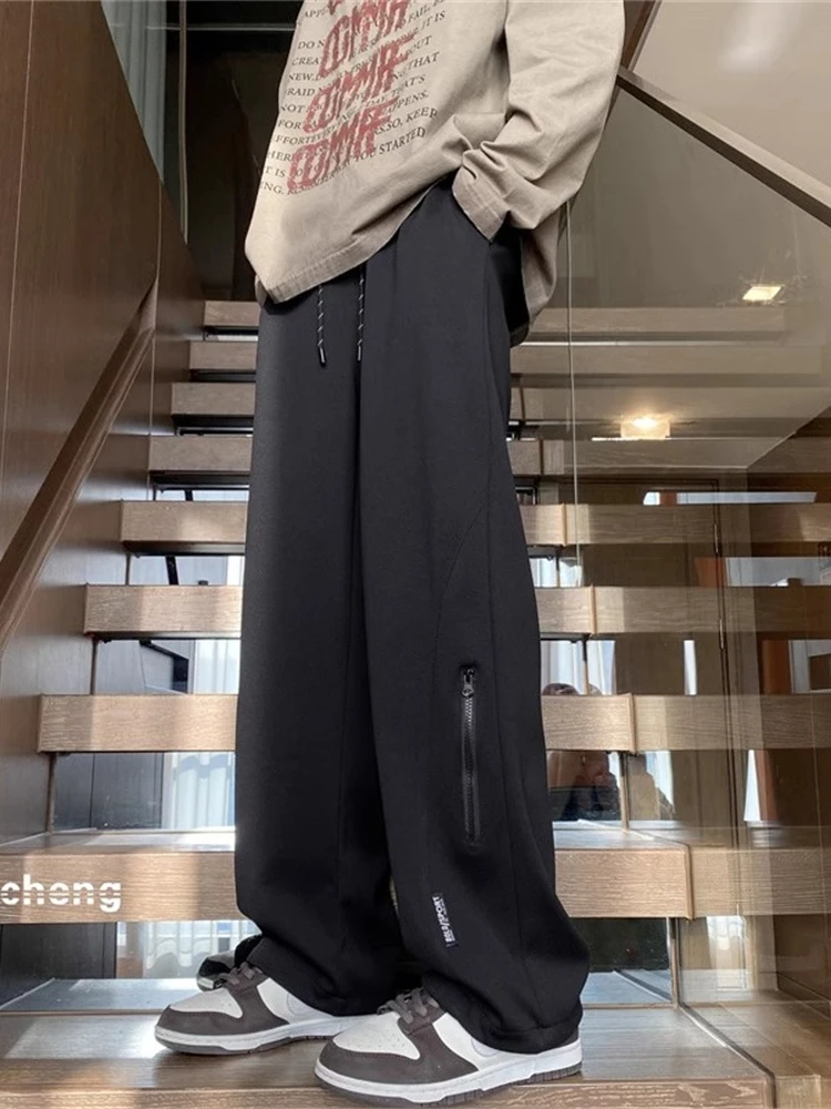 

Мужские повседневные брюки свободного кроя с прямыми штанинами, чисто черные, весна-осень, модный бренд, оверсайз, широкие штанины, длинные брюки, удобная посадка