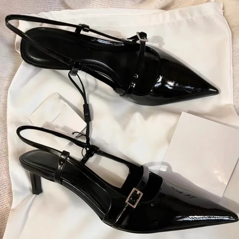 Black High Heel Women 2024 Summer Woman Pumps Pointed Leather Sexy Slingbacks Shallow Mouth Single Shoes For  Sandals