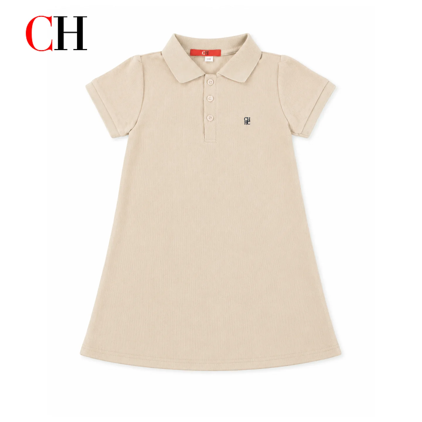 CH Girls Basic Polo Lapel Minimal Letter Embroidery Short Sleeve Loose Fit Knit Dress Multi Occasion Kids Outfit