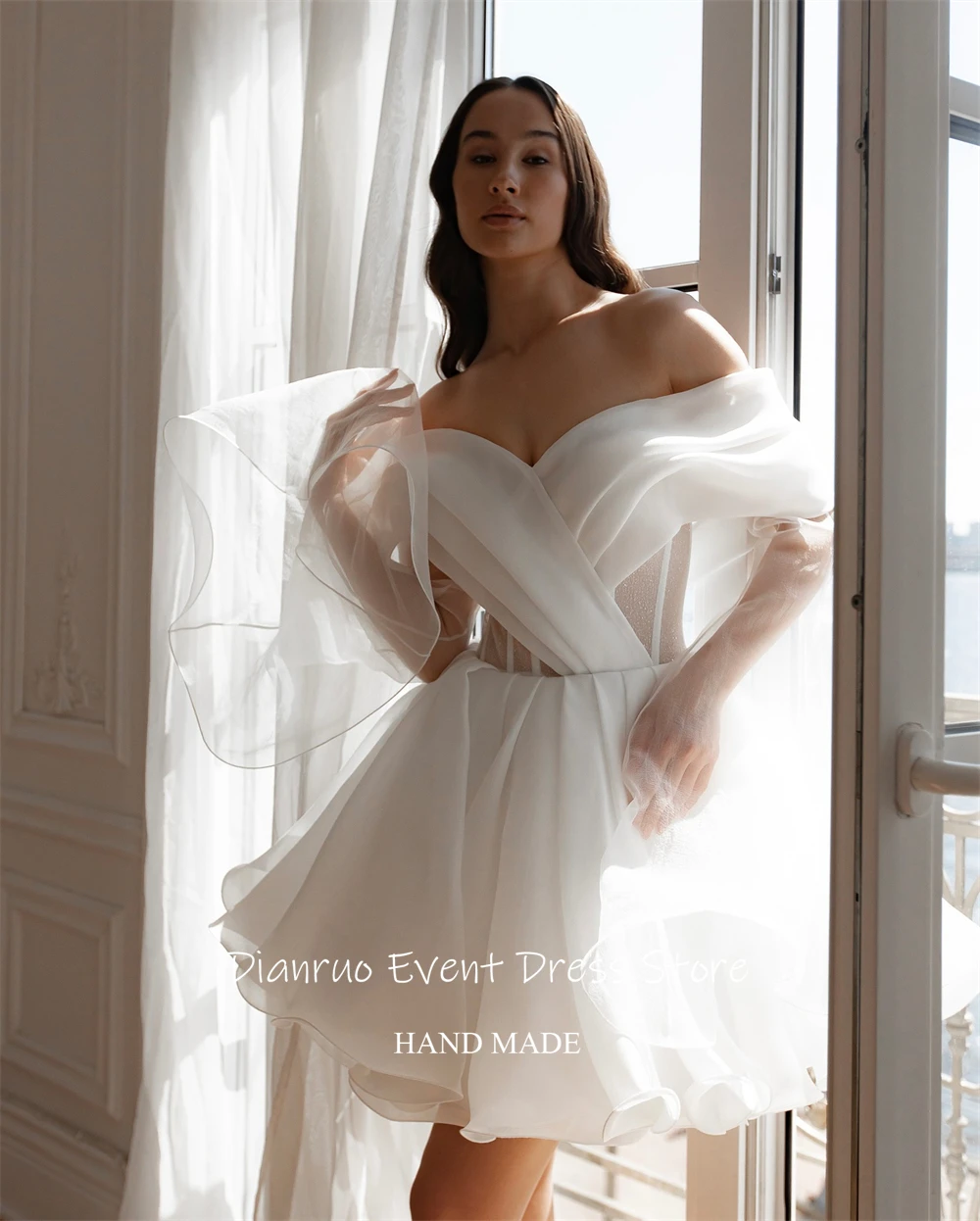 Dianruo Bow Belt Wedding Dresses Short Length A Line Vestido Noiva Princesa Brilhoso Off Shoulder Robes De Mariée Customized