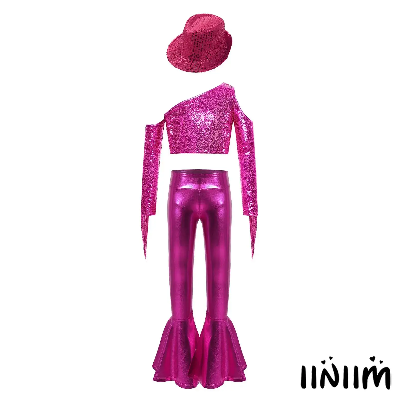 

Kids Girls Jazz Dance Performance Costume Shiny Sequin Tassels Crop Top with Bell-bottom Metallic Pants And Hat Streetwear