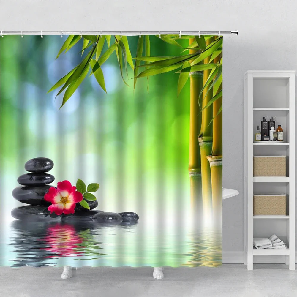 Zen Garden Shower Curtain Spa Green Bamboo Black Stone White Flower Bathroom Decor Supplies Bath Curtains Sets Polyester Fabric