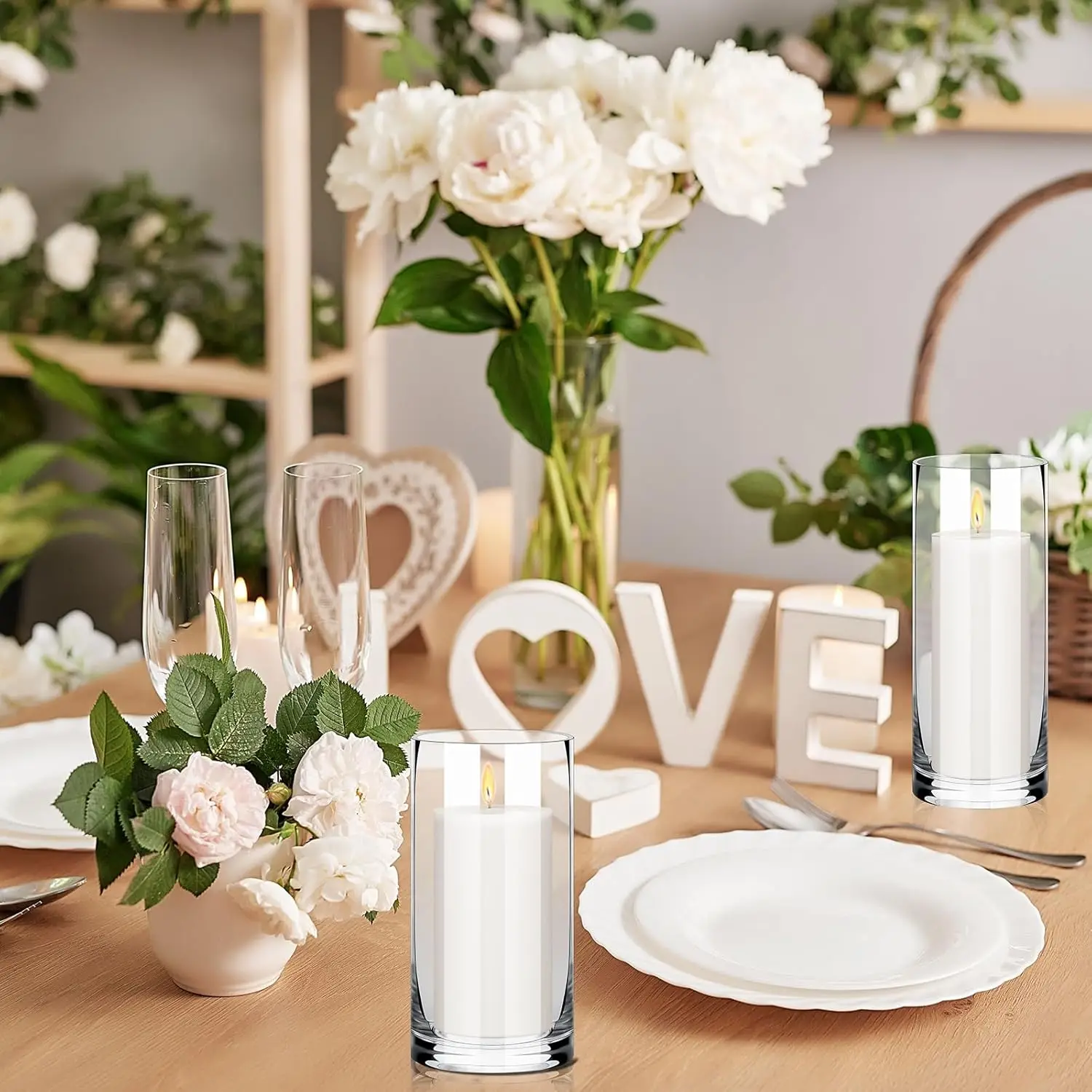 and White Pillar Candles Clear Cylinder Vases for Wedding Centerpieces Hurricane Candle Holder Party Event Home Office Decor