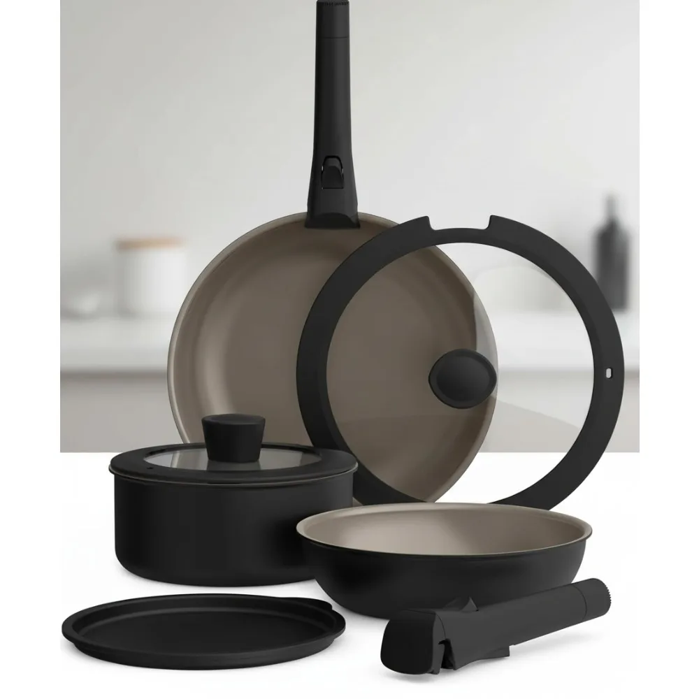 

8-Piece Nonstick Cookware Set with Removable Handles, Oven & Dishwasher Safe, Universal Stovetop Compatible