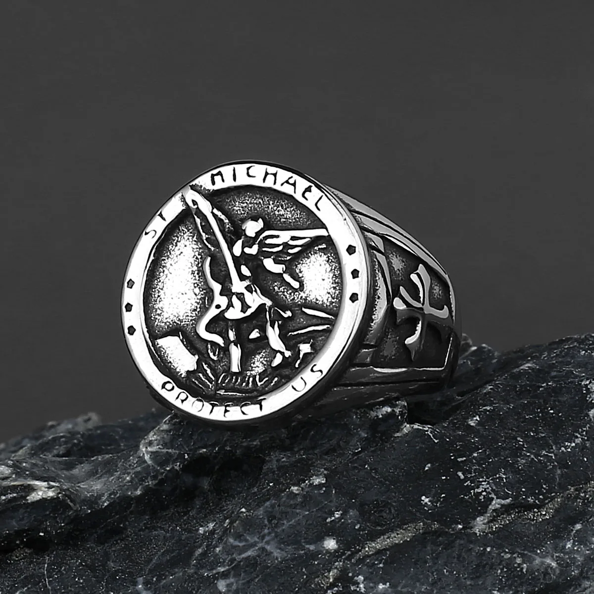 Religion Style St. Michael Pattern Ring Men's Catholic Faith Stainless Steel Gold Color Ring Party Club Finger Jewelry Gift