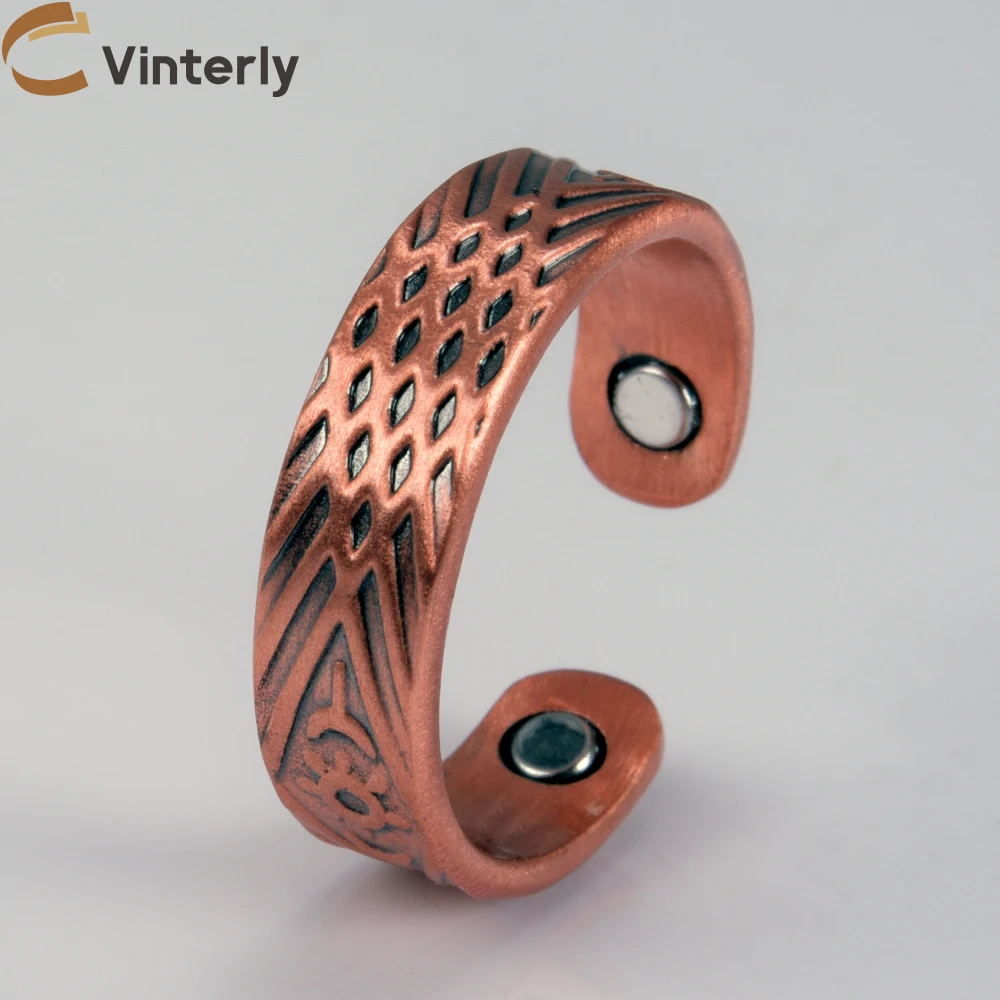 Vinterly, магнитные кольца из чистой меди, мужские 6 мм, солнечный узор, здоровье, энергия, палец, открытая манжета, регулируемые ювелирные изделия, высокий магнит, изменяемый размер