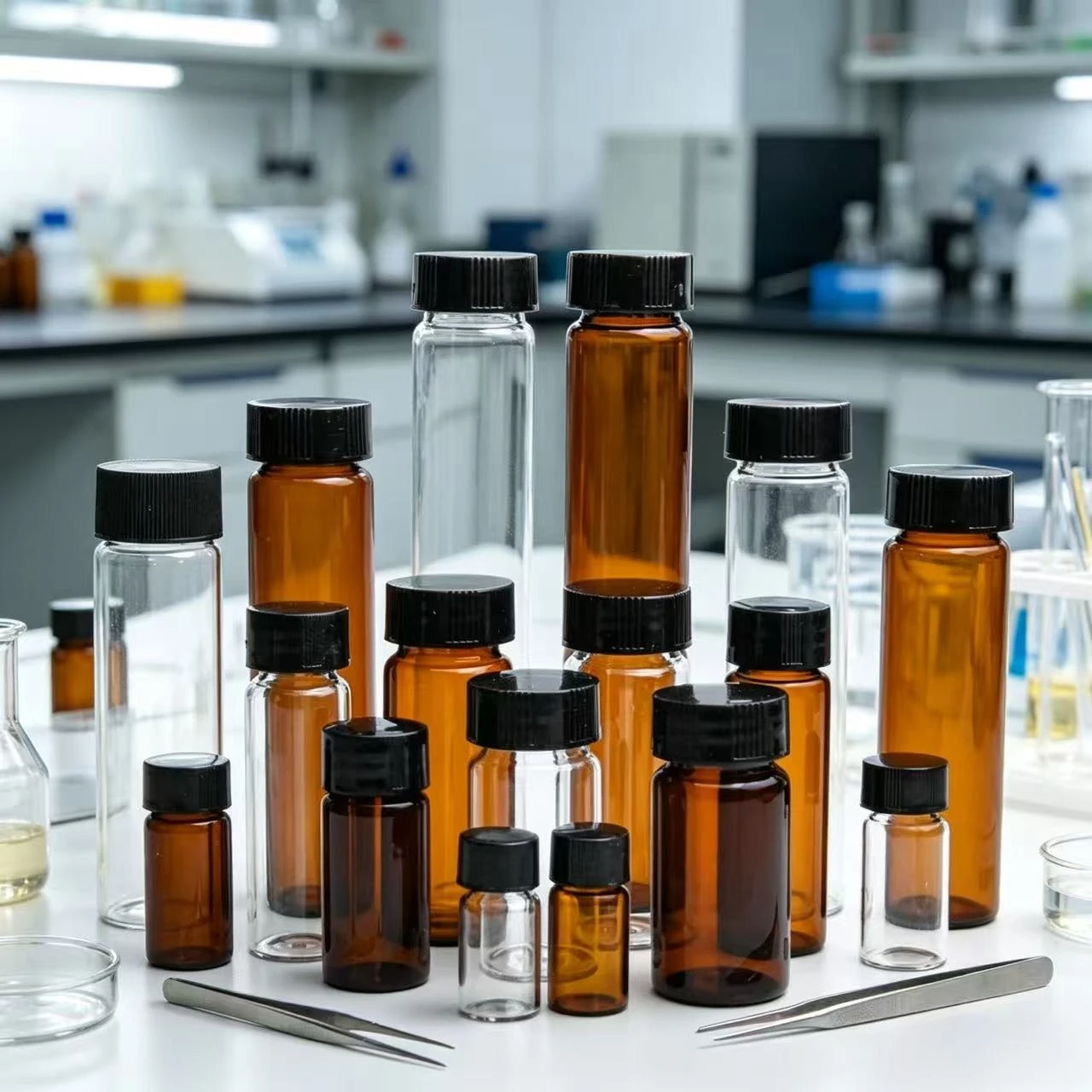 10 pieces per batch, 3ml to 60ml (clear/amber) glass sealed reagent sample vials with plastic screw caps.