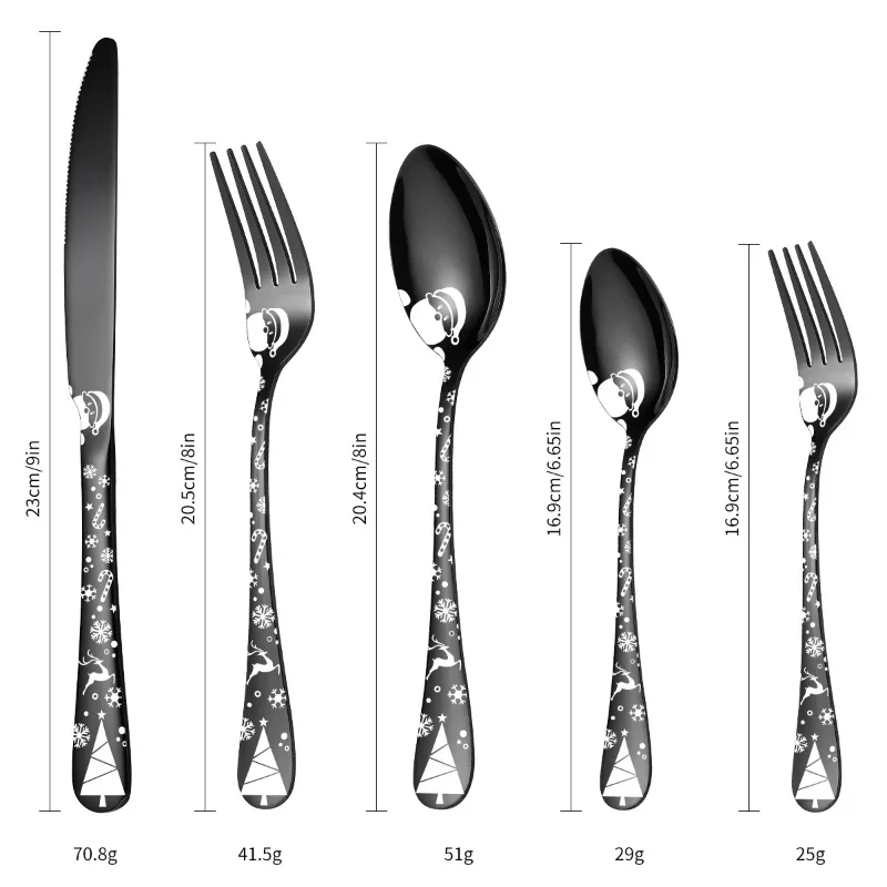 20PCS Household Tableware Set Stainless Steel Reusable PVD Black Plated Print Engraved Handle Christmas Suit Cutlery Knife Fork