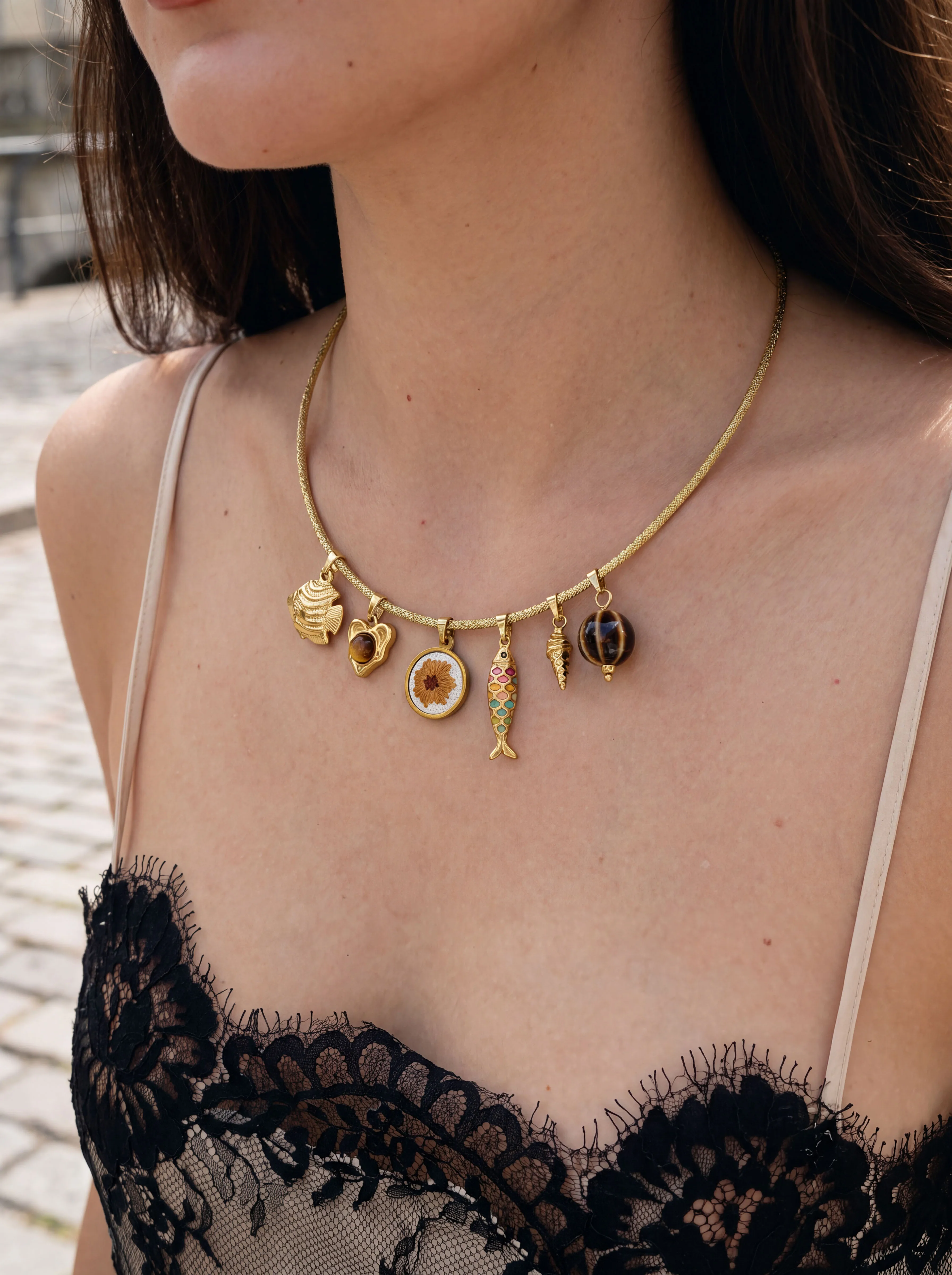 Peri'sbox Minimalist Metal Enamel Yellow Tiger Stone Embroidered Multiple Pendants Women's Magnetic Necklace Detachable Jewelrys