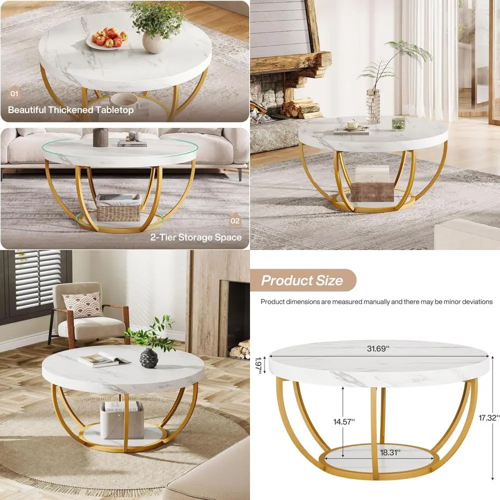 

Круглый журнальный столик, 2-уровневый акцентный столик с белым мрамором и металлическими ножками, идеально подходит для гостиной, бело-золотое покрытие