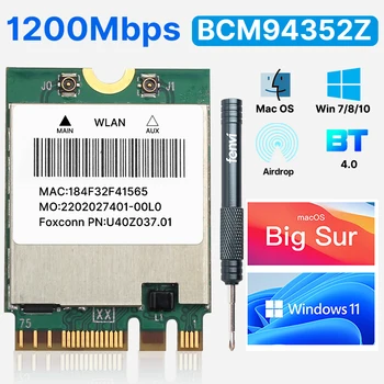Fenvi 1200Mbps BCM94352Z Placa de rede WiFi Bluetooth 4.0 Dual Band 5G/2.4Ghz BCM94352 DW1560 NGFF M.2 Adaptador para Hackintosh mac