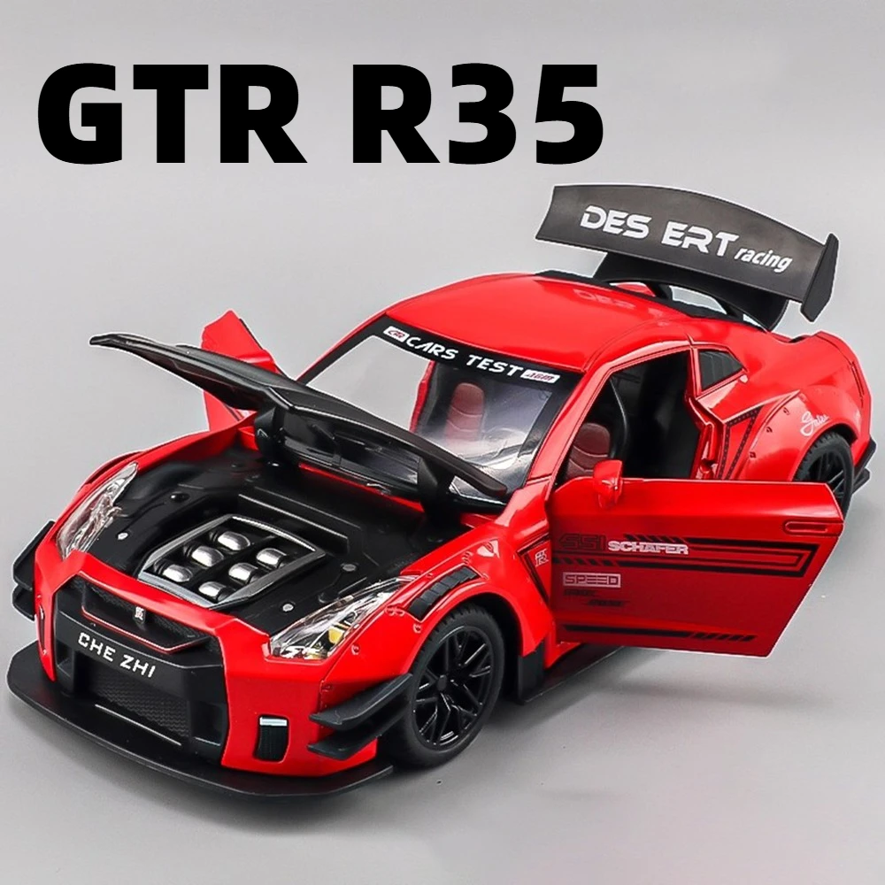 1:24 Schaal GTR R35 R34 Speelgoedautomodel Legering Diecast Pull Back 3 Deuren Opend Voertuigen Modellen Geluid Licht Collectie Kinderen Speelgoed