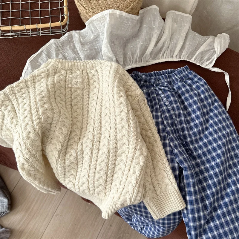 Children Pants 2025 New Winter Korean Padded Plaid Cotton Trousers Girl Baby Strap Elastic Ankle Pants