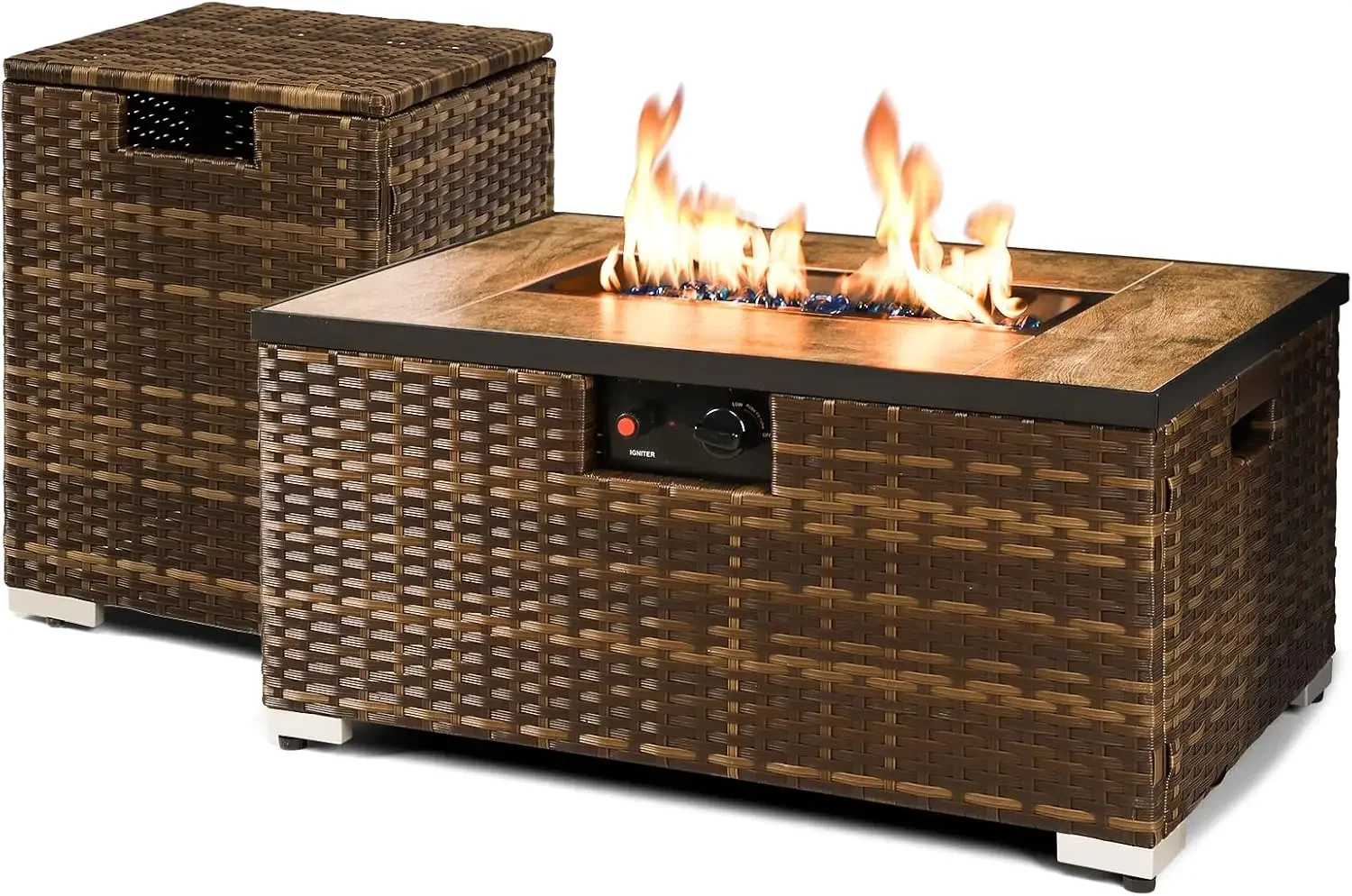 2-Piece Rattan Wicker Propane Fire Pit Table w/Tank Holder, Handmade 32-inch Gas Fire Pits for Outside Patio, Ceramic Tabletop