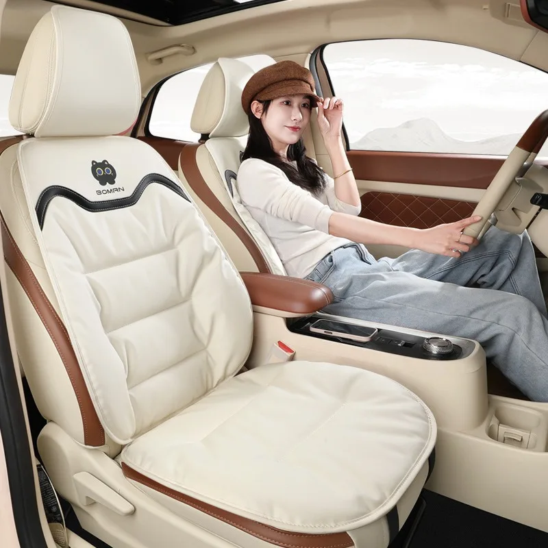 Leather Car Seat Covers Full Set Universal Four Season Car Seat Protection Mat Cute Car Accessories Interior Woman Seat Covers