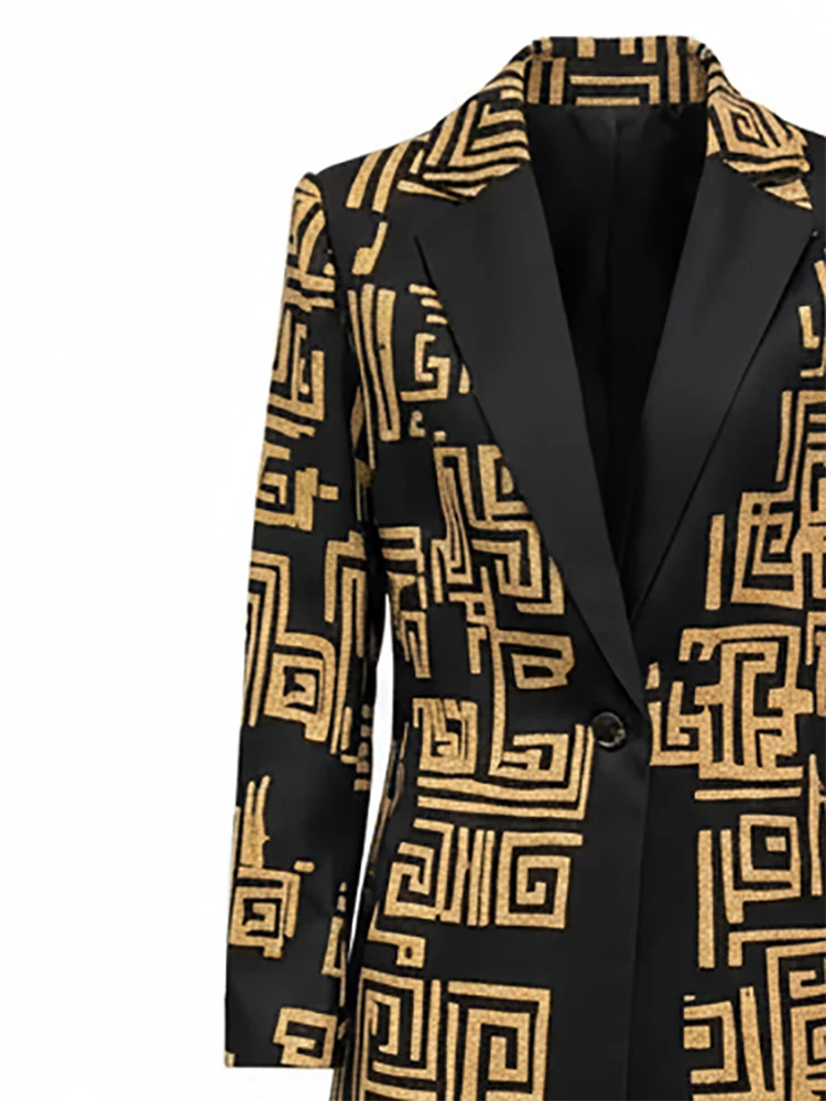 Modigirl 2026 ربيع جديد المرأة خمر ميدي طول معطف الحضرية العصرية الذهبي متعرج طباعة سترات طويلة جيوب الإناث #4