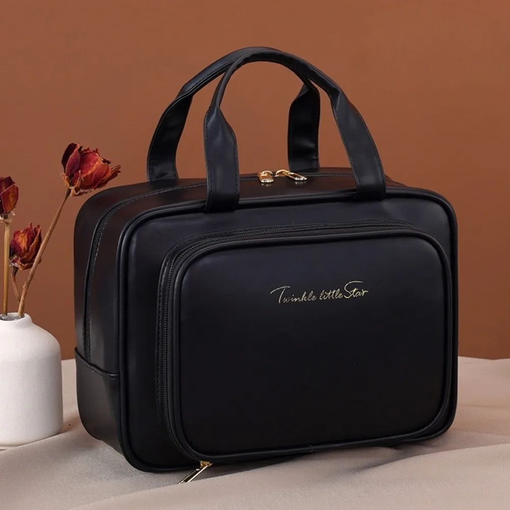 Fashion Storage Makeup Bag Portable Handle Cosmetic Container Large Capacity PU Leather Travel Wash Pouch Data Cable Storage
