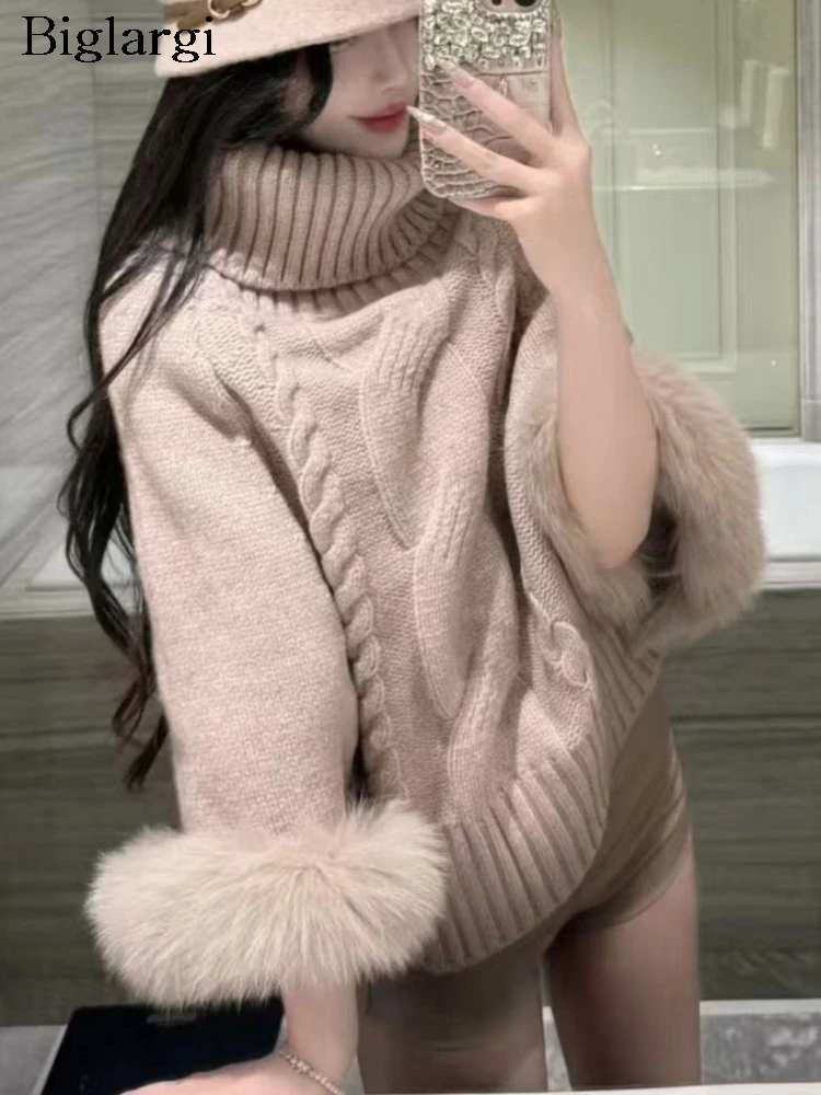 

Вязаный осенне-зимний пуловер с высоким воротником, женский пушистый лоскутный свитер с длинным рукавом, модные женские свитера, корейский женский свитер