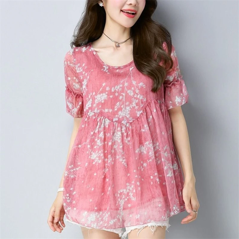 2024 Summer Women\'s Fashion Print Ruffle Sweet Blouse Casual O Neck Short Sleeve Chiffon Shirt Loose Chic Tops Blusas Para Mujer