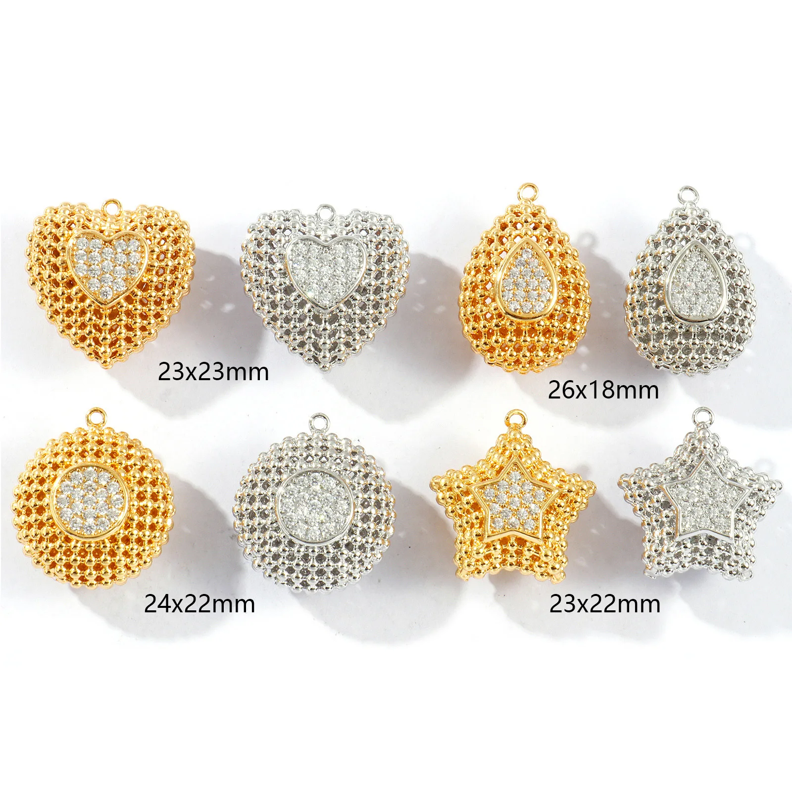 1 Piece Brass Charms Gold Plated 3D Clear Cubic Zirconia Heart Water Droplet Pentagram Round Pendants For DIY Necklace Making