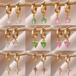 Pendientes de aro de gota de circón de colores para mujer, aretes geométricos delicados de corazón de acero inoxidable chapado en oro, joyería de boda de Navidad