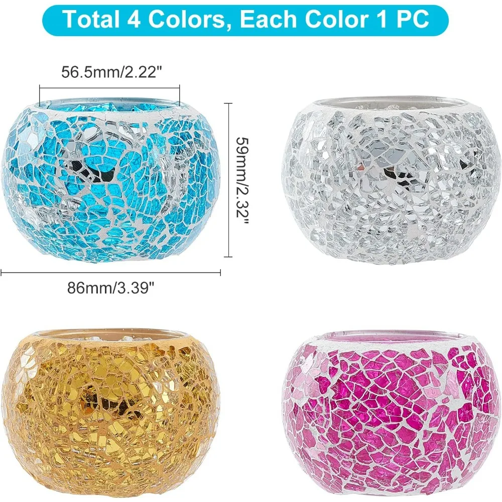 4 PCS/Set Glass Votive Candle Holder Set Mosaic Glass Tealight Candle Holders 4 Colors Cracked Design for Aromatherapy