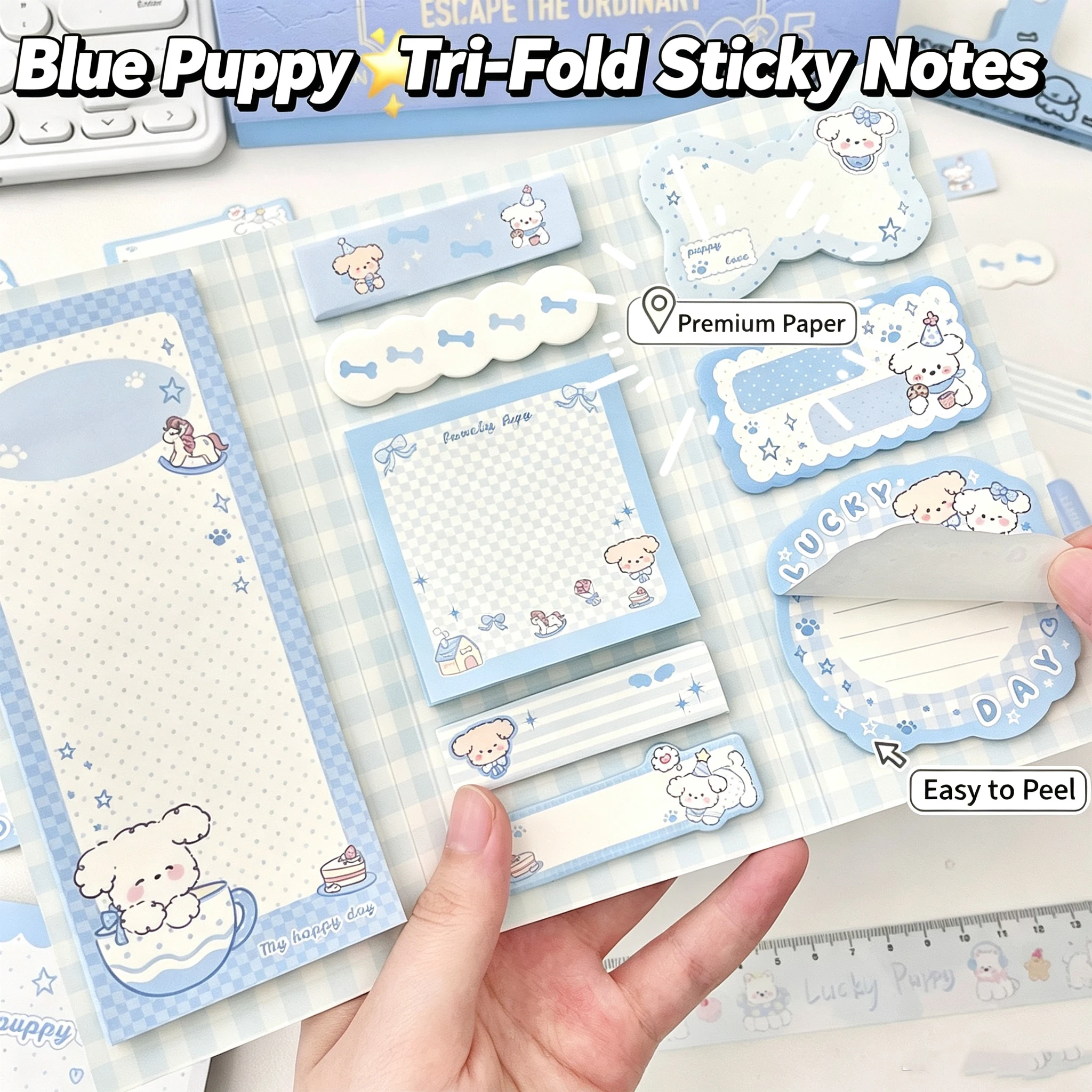 3‑Fold Blue Puppy Sticky Notes Kawaii Tear‑off Irregular Notepads Decorative Note Paper Journal Scrapbk School Stationery