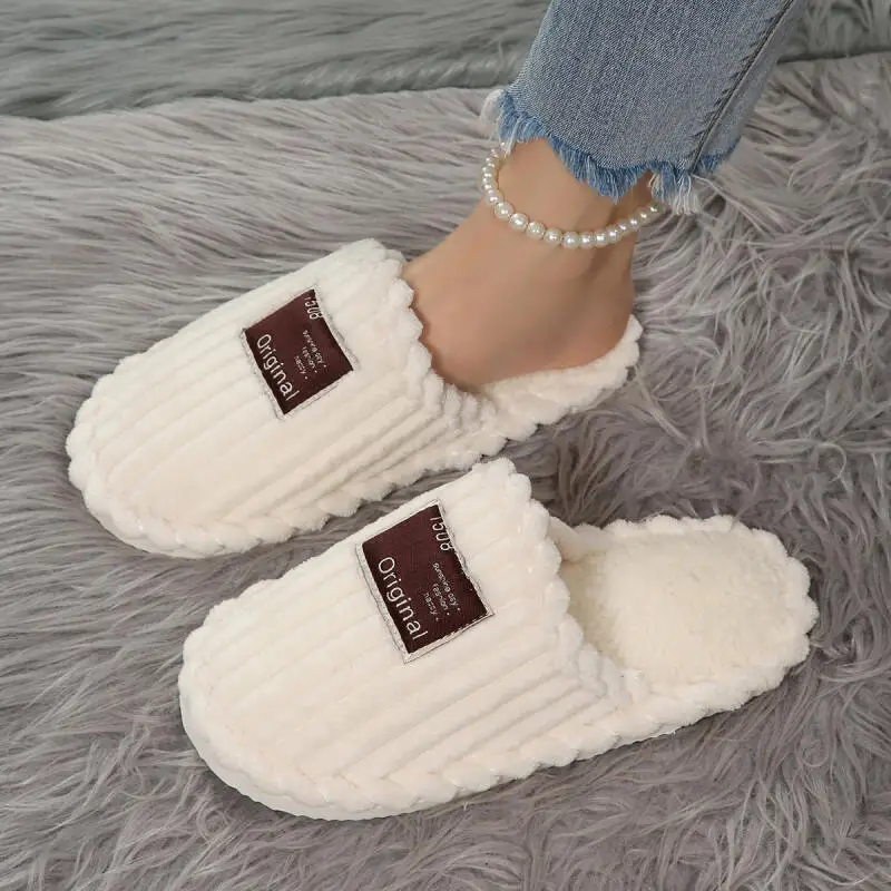

Comfort Corduroy Non Slip Indoor Slippers Women 2025 Winter Soft Flat Heel Furry Home Slippers Couple's Warm Short Plush Slides