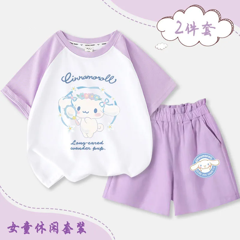 2Pcs Anime Sanrios Cinnamoroll Kids Summer Short Sleeve Shorts Kawaii Melody Kuromi Boy Girls Cotton T-Shirt Cartoon Print Tops