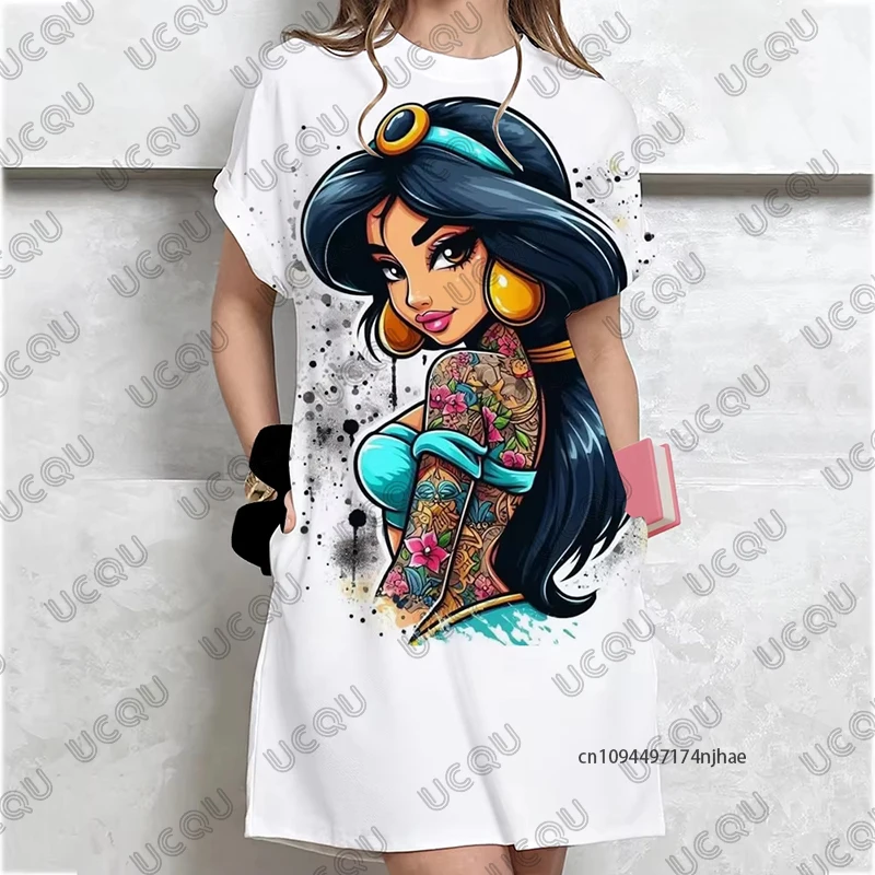 MINISO لطيف الكرتون ديزني الأميرة طباعة فساتين للنساء الصيف تي شيرتات قصيرة الاكمام فستان حفلة فستان موضة غير رسمية #3