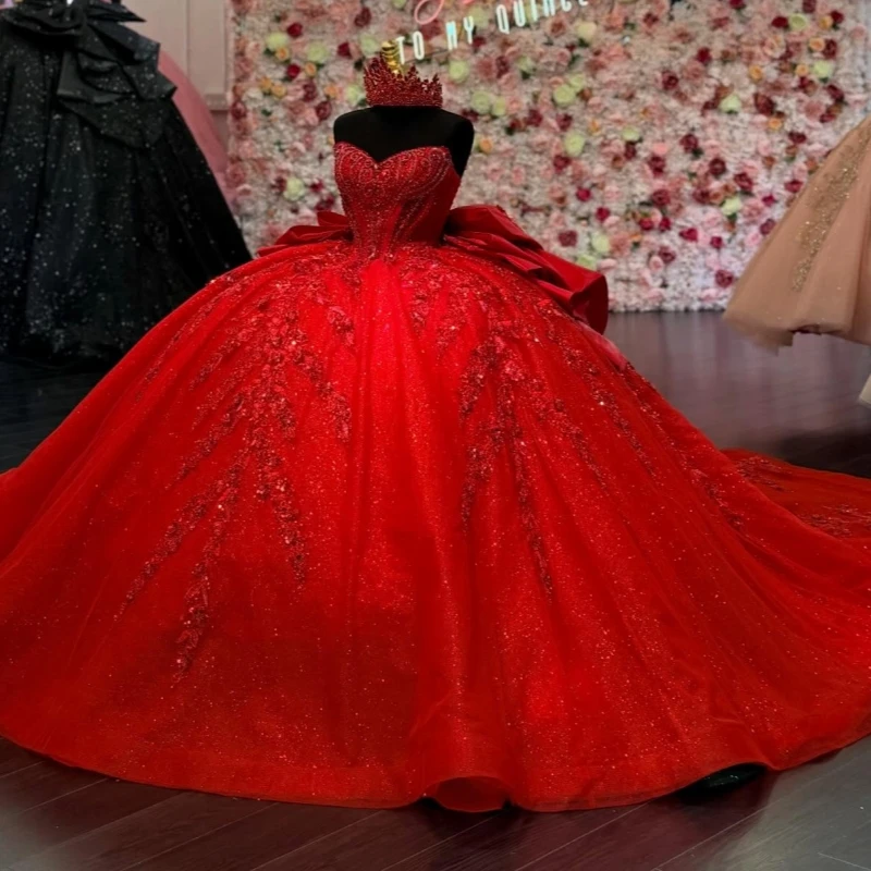 

Red Shiny Quinceanera Dresses Ball Gown Off The Shoulder Sequin Applique Flower Beading Crystal Bow Corset Tull Party Birthday