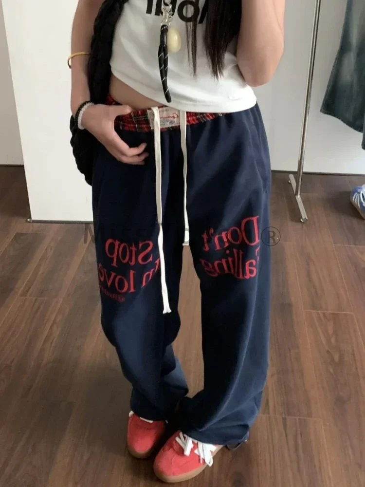 Harajuku Vintage Sweatpants Baggy Women Korea Preppy Style Retro Trousers Streetwear Y2k Letter Printed Wide Leg Patchwork Pants