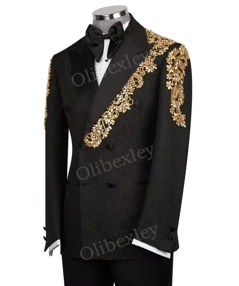 Luxury Men's Suits 2 Pieces Elegante Jacquard Double Breasted Slim Fit Tuxedos Wedding Groom Business Dinner Prom